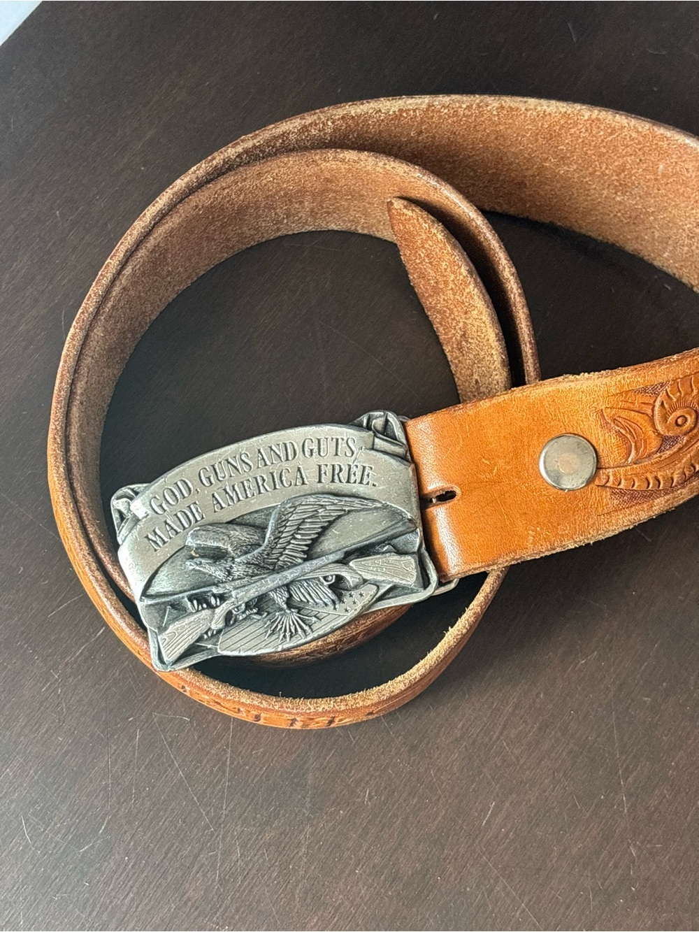Western Leather Belt ‘God, Guns & Guts American Freedom’ Eagle Cowboy Buckle